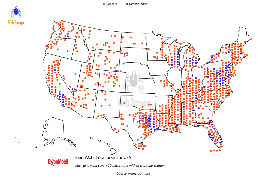 Exxon String Map How Many Exxon Mobil Locations are there in United States? – Web Scrape